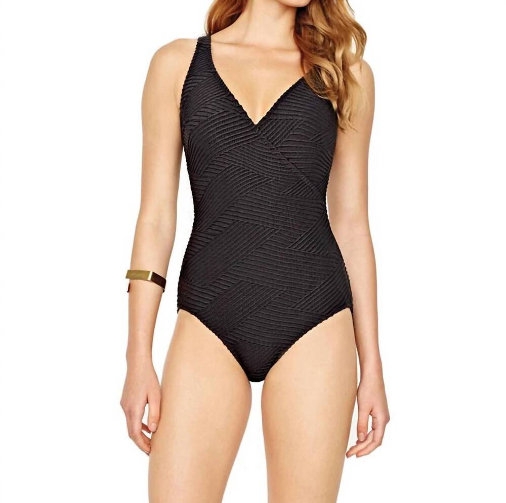 NEW PROFILE BY GOTTEX essence v-neck surplice high back one piece swimsuit in bl